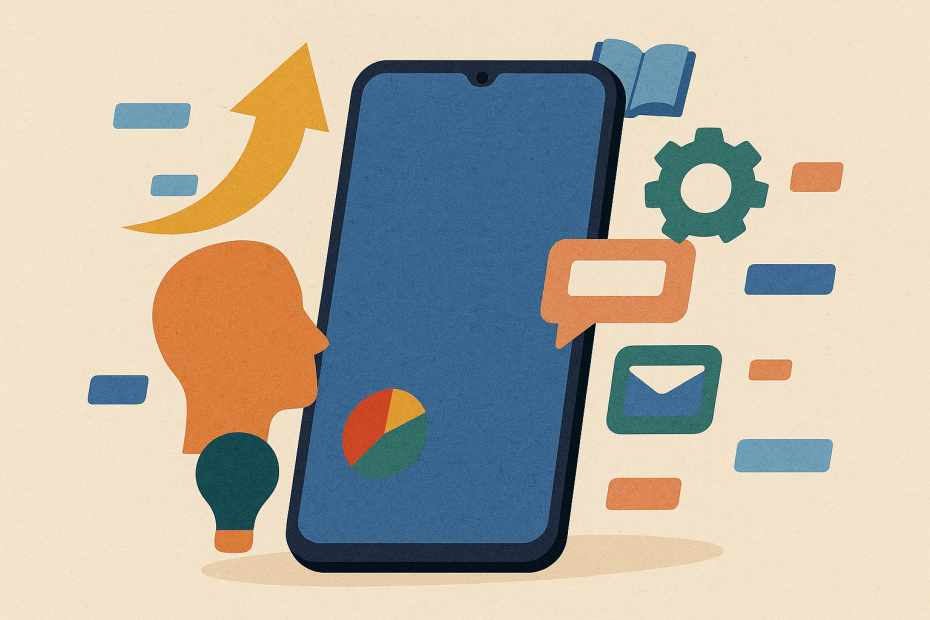 Editorial-style image of a Samsung smartphone with layered icons representing settings, apps, and optimization tips.
