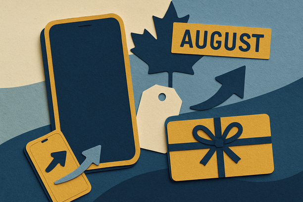 August paper cutout promo with phones, gift tag, and arrows for phone deals Canada