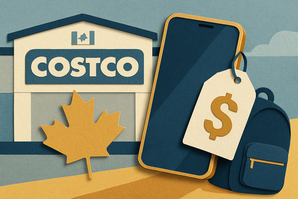 Costco storefront with smartphone, price tag, and autumn leaves representing phone deals