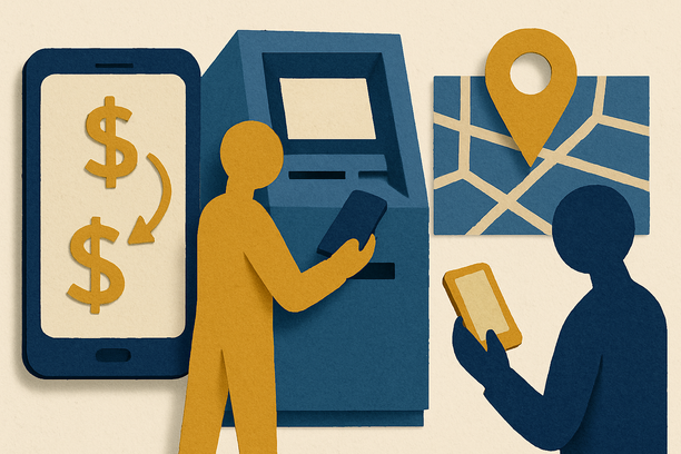 Searching ecoATMs near me with smartphone and ATM illustration