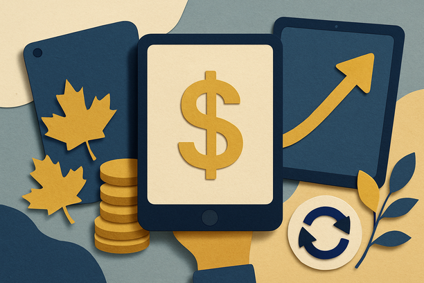 Illustration of tablets, dollar sign, and trade icons symbolizing iPad trade in value