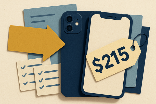 Illustration showing iPhone 12 trade in value with $215 price tag