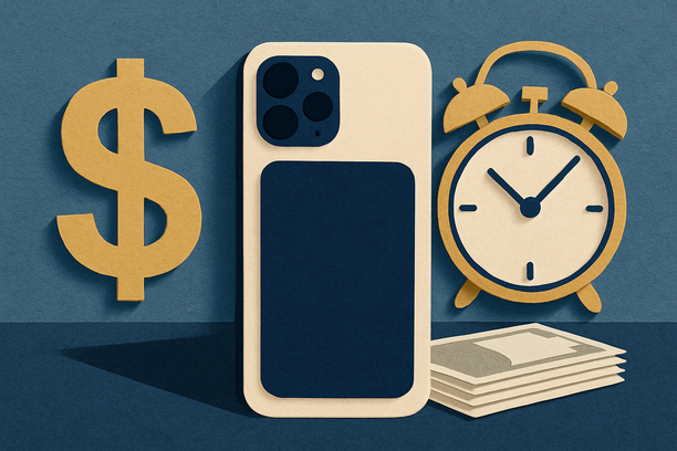 Colorful cutout of iPhone with dollar sign and iPhone 16 on screen