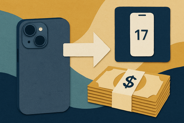 Colorful cutout of iPhone with dollar sign and iPhone 16 on screen