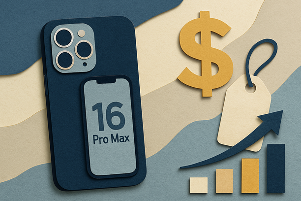 Colorful cutout of iPhone with dollar sign and iPhone 16 on screen