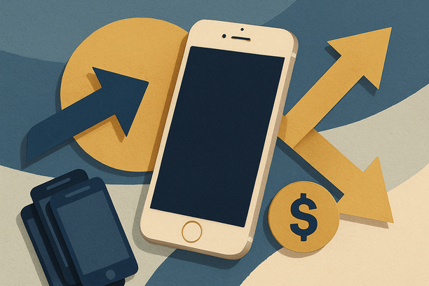 Colorful cutout of iPhone with dollar sign and iPhone 16 on screen