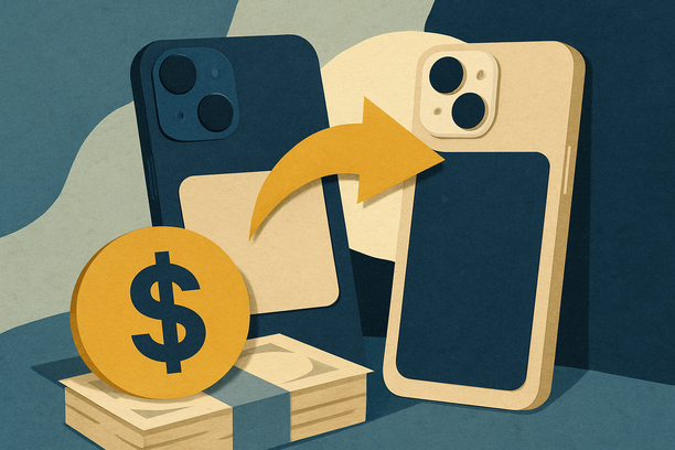 Colorful cutout of iPhone with dollar sign and iPhone 16 on screen