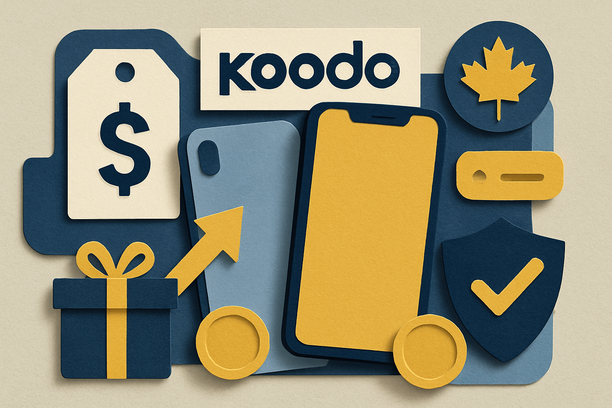 Colorful graphic of Koodo phone deals with phone, price tag, and gift icons