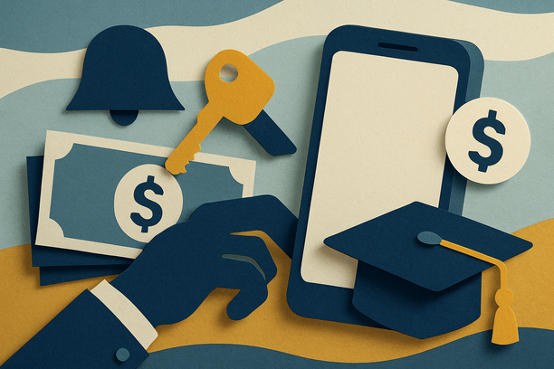 Illustration of phone, money, and icons representing savings with bell phone deals