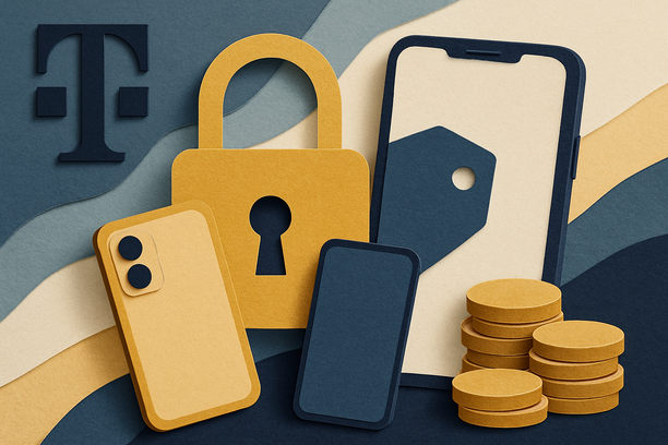 Colorful paper-cut phones, price tag, and coins representing T-Mobile phone deals