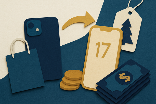 Colorful cutout of iPhone with dollar sign and iPhone 16 on screen