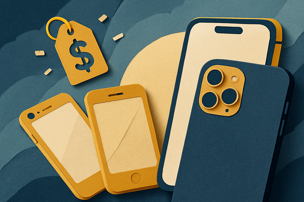 Colorful cutout of iPhone with dollar sign and iPhone 16 on screen