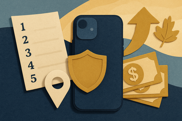 Colorful cutout of iPhone with dollar sign and iPhone 16 on screen