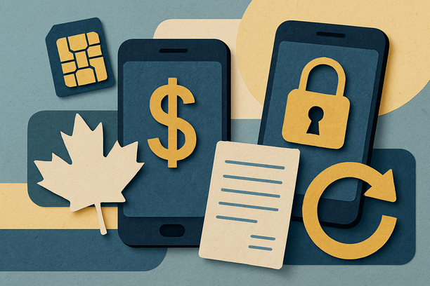 Illustration of phone trade-in, plan details, SIM card, and dollar sign symbols