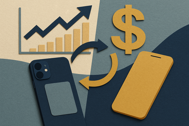 Colorful cutout of iPhone with dollar sign and iPhone 16 on screen