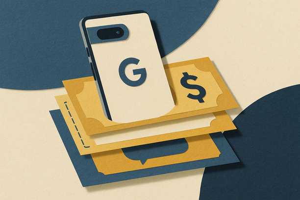 Colorful cutout of iPhone with dollar sign and iPhone 16 on screen