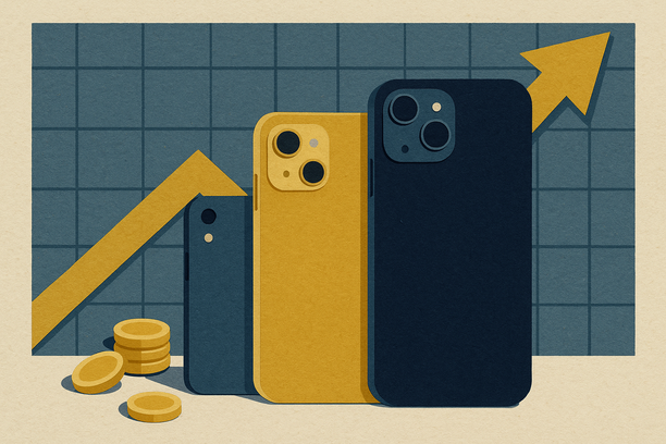 Colorful cutout of iPhone with dollar sign and iPhone 16 on screen