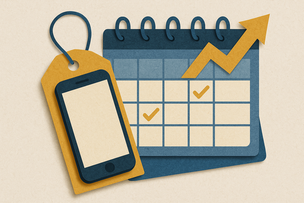 Colorful cutout of iPhone with dollar sign and iPhone 16 on screen