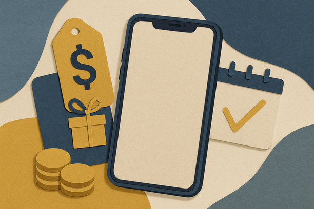 Colorful cutout of iPhone with dollar sign and iPhone 16 on screen