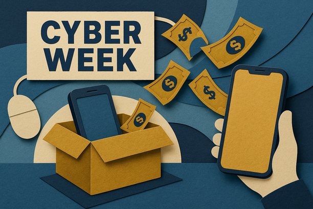 Colorful cutout of iPhone with dollar sign and iPhone 16 on screen