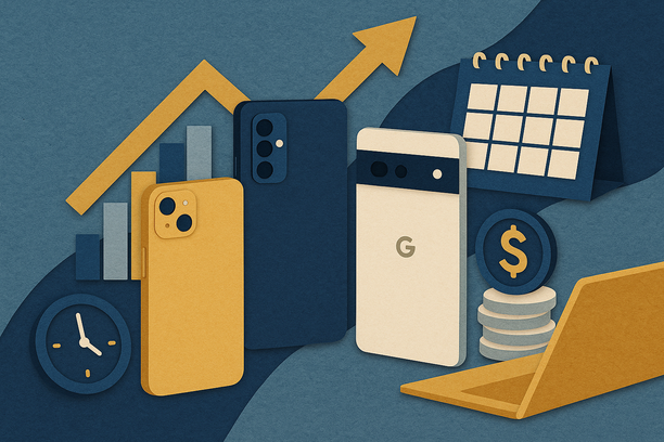 Colorful cutout of iPhone with dollar sign and iPhone 16 on screen