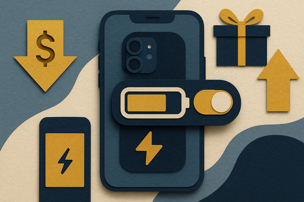 Colorful cutout of iPhone with dollar sign and iPhone 16 on screen