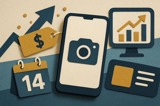 Colorful cutout of iPhone with dollar sign and iPhone 16 on screen