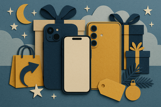 Colorful cutout of iPhone with dollar sign and iPhone 16 on screen