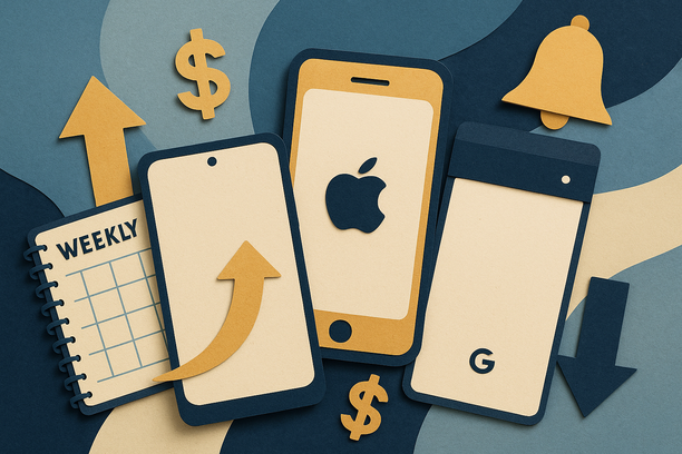 Colorful cutout of iPhone with dollar sign and iPhone 16 on screen