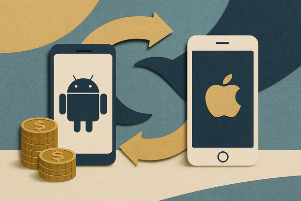 Colorful cutout of iPhone with dollar sign and iPhone 16 on screen