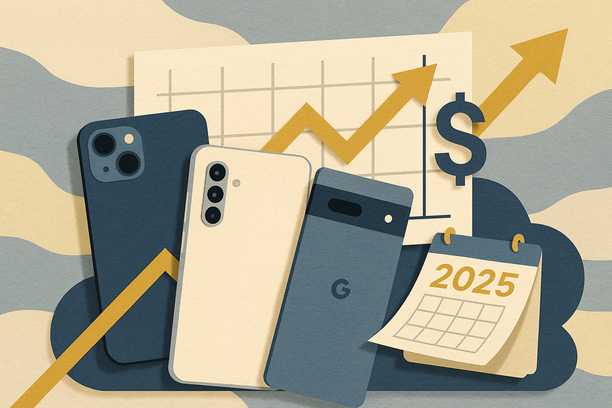 Colorful cutout of iPhone with dollar sign and iPhone 16 on screen