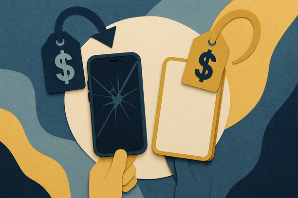 Colorful cutout of iPhone with dollar sign and iPhone 16 on screen