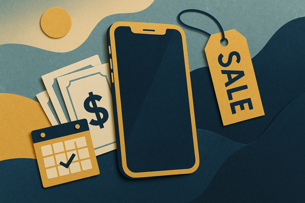 Colorful cutout of iPhone with dollar sign and iPhone 16 on screen