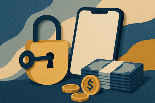 Colorful cutout of iPhone with dollar sign and iPhone 16 on screen