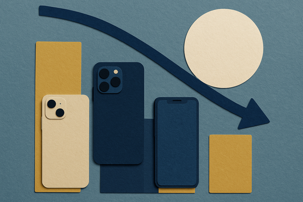 Colorful cutout of iPhone with dollar sign and iPhone 16 on screen