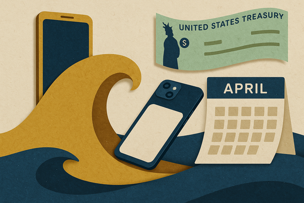 Colorful cutout of iPhone with dollar sign and iPhone 16 on screen