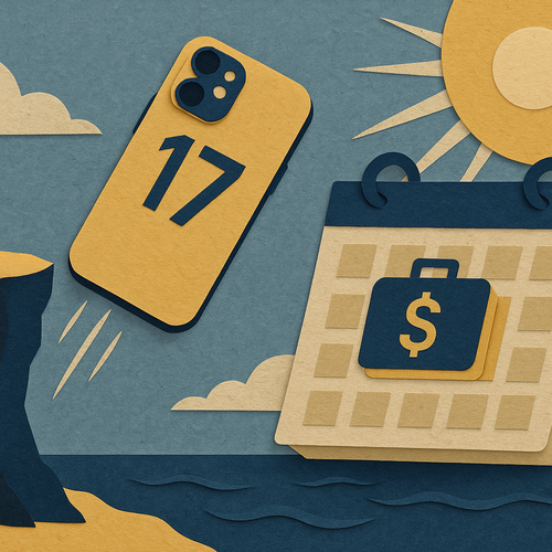 Colorful cutout of iPhone with dollar sign and iPhone 16 on screen