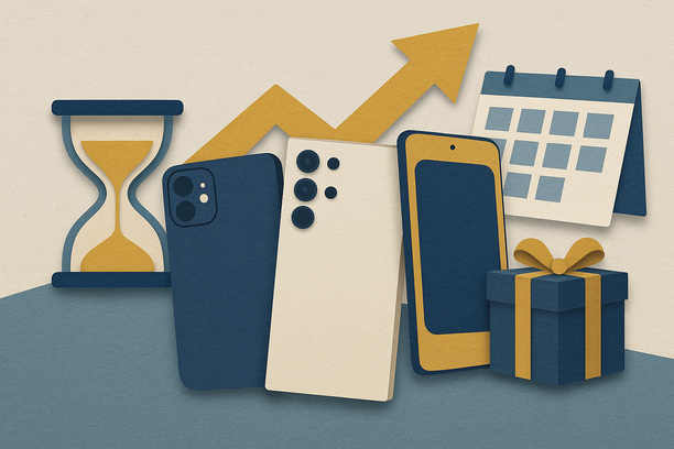 Colorful cutout of iPhone with dollar sign and iPhone 16 on screen