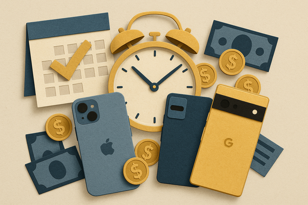 Colorful cutout of iPhone with dollar sign and iPhone 16 on screen