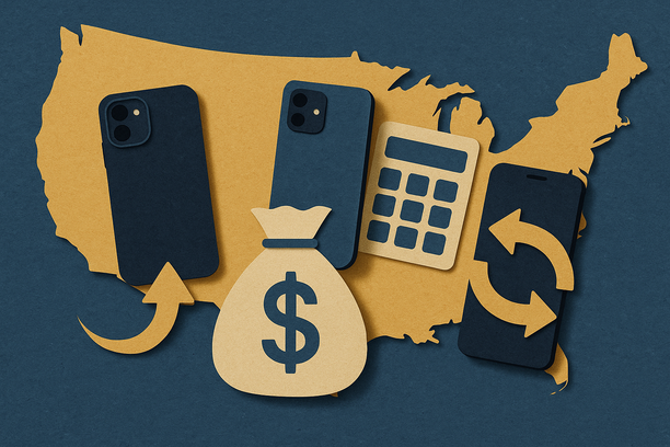 Colorful cutout of iPhone with dollar sign and iPhone 16 on screen