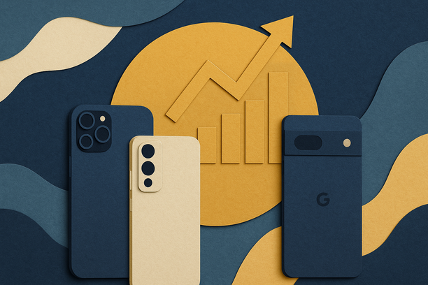 Colorful cutout of iPhone with dollar sign and iPhone 16 on screen