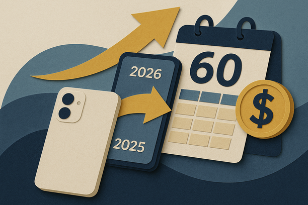 Colorful cutout of iPhone with dollar sign and iPhone 16 on screen