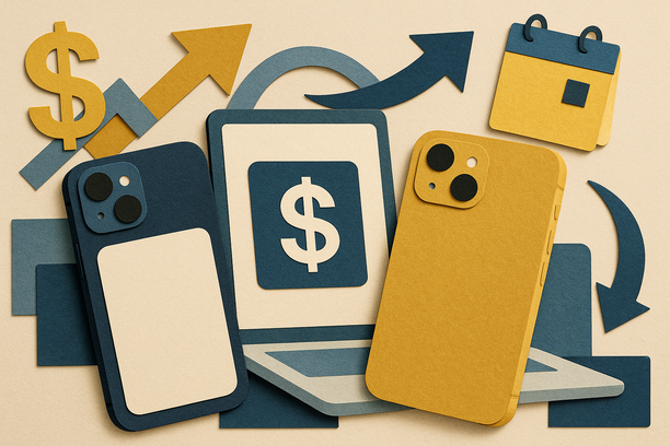 Colorful cutout of iPhone with dollar sign and iPhone 16 on screen