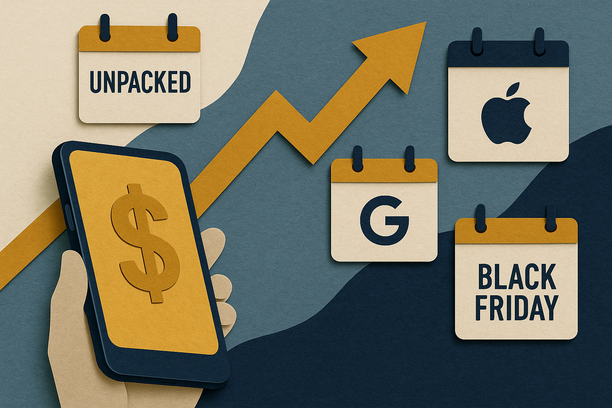 Colorful cutout of iPhone with dollar sign and iPhone 16 on screen