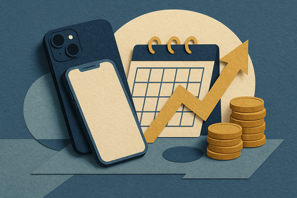 Colorful cutout of iPhone with dollar sign and iPhone 16 on screen