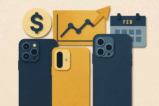 Colorful cutout of iPhone with dollar sign and iPhone 16 on screen