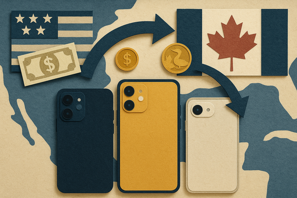 Colorful cutout of iPhone with dollar sign and iPhone 16 on screen