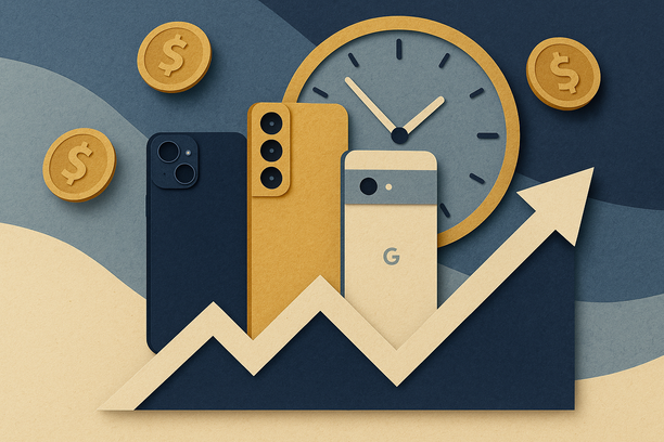 Colorful cutout of iPhone with dollar sign and iPhone 16 on screen