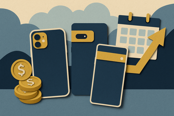 Colorful cutout of iPhone with dollar sign and iPhone 16 on screen