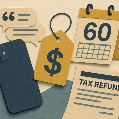 Colorful cutout of iPhone with dollar sign and iPhone 16 on screen